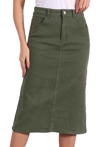 Allegra K Casual Denim Skirt for Women's High Waist Split Back Pockets Midi Jean Skirts X-Large Army Green