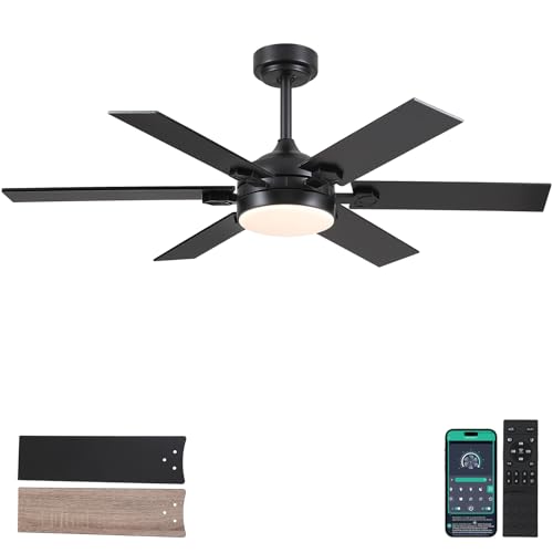 52-Inch Black Ceiling Fans with Lights and Remote - Quiet DC Motor, Dimmable 3 Colors, 6 Speeds for Living Room, Kitchen, and Patio