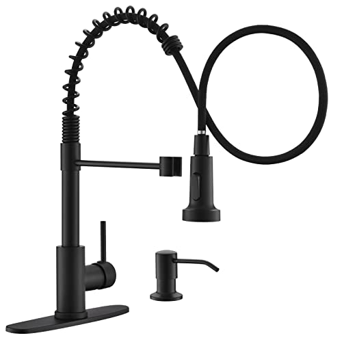 Image of GIMILI Matte Black Kitchen Faucet with Soap Dispenser, Commercial Single Handle Spring Pull Out Kitchen Sink Faucets with Pull Down Sprayer