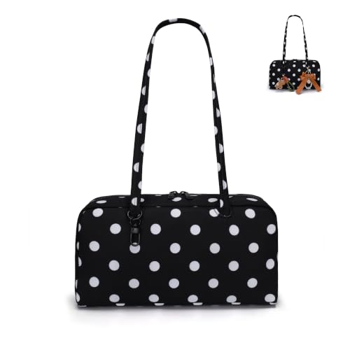 LANALULU Nylon Bowler Bag for Women Slouchy Lightweight crescent bag Casual East-West Shoulder Handbag Polka Dot hobo bag for Travel Work Shopping Black White