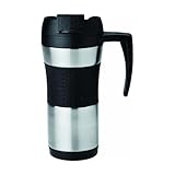 Copco Flair Double Wall Stainless Steel Tumbler with Spill Resistant Flip Top Lid and Contoured Handle, 16-Ounce, Steel/Black