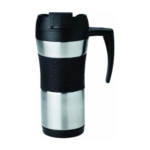 Copco Flair Double Wall Stainless Steel Tumbler with Spill Resistant Flip Top Lid and Contoured Handle, 16-Ounce, Steel/Black