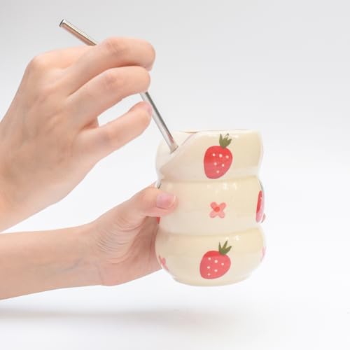Image of Ceramic Sip Tumbler - Strawberry Flower with Stainless Steel Straw | Aesthetic Tumbler for Cold Coffee, Cold Drinks Perfect for Gifting (200 ml)