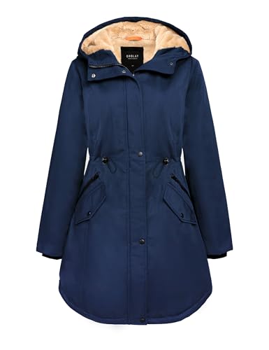 Orolay Damen Kapuzen Fleece Gefüttert Parka-Mantel Mittlere Länge Winter Draussen Gepolstert Jacke Marine XXL