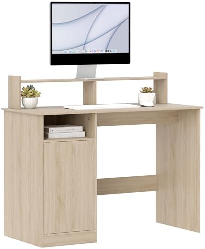 HOMCOM Escritorio con Estantería Moderno con Puerta Soporte Monitor 108x50x94 cm Natural