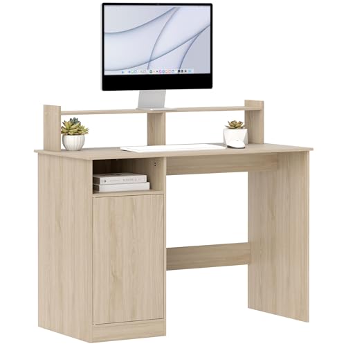 HOMCOM Escritorio con Estantería Moderno Escritorio con Puerta Compartimentos Abiertos y Soporte para Monitor Mesa para Estudio Dormitorio Hogar Oficina 108x50x94 cm Natural
