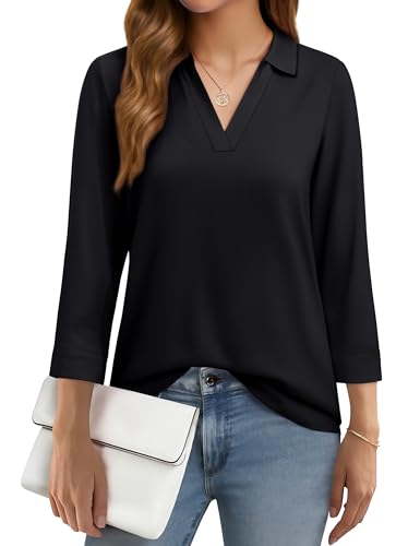 YUCOLEN 3/4 Sleeve Tunic Tops for Women V Neck Collared Shirts Chiffon Work Blouses Dressy Casual S-XXL