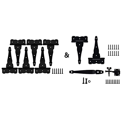 Home Master Hardware Heavy Duty Decorative Shed Storage Gate Barns Kit - 8 In Tee Strap Hinges + Self-Adjusting Gate Latch + 10 3/8 In Ornamental Gate Handle #TOP20