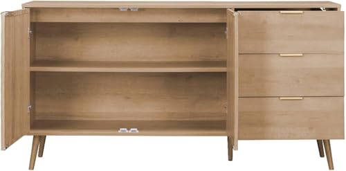 Image of Goldview Modern Wooden Sideboard Cabinet - Natural Oak Finish, Rattan Door Panels, 3 Storage Drawers, Contemporary Living Room Furniture