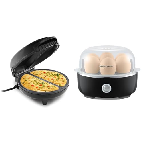 Elite Gourmet EOM205 Non-Stick Omelet, Frittata, Snack Pocket Maker, Dessert Maker & EGC115B Easy Egg Cooker Electric 7-Egg Capacity, Soft, Medium, Hard-Boiled Egg Cooker with Auto Shut-Off