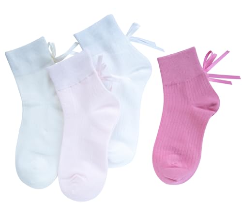 Image of Women's Bow Crew Socks - Cotton Sweet Lolita Dress Breathable Soft Girls' Socks - 3 Pairs