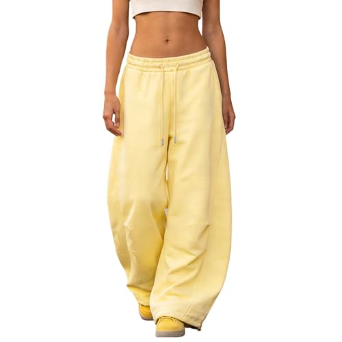 Comfy Pants Barrel Sweatpants Women 2026 Casual Yellow Baggy Y2K Drawstring Elastic Waisted Wide Leg Lounge Cute Comfy Cotton Flare Sweat Pants With Pockets M