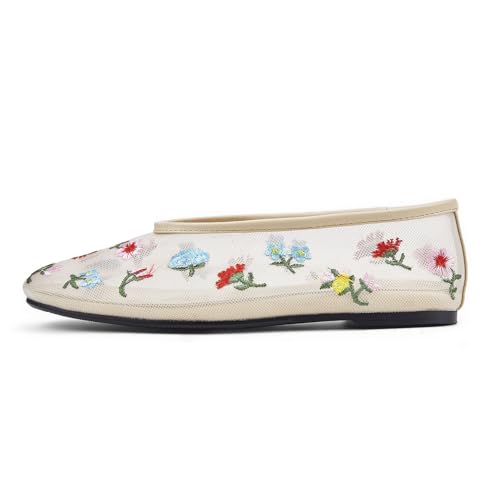 Image of Arqa Crystal-Embellished Mesh Flats Rhinestone Ballet Flat Slip On Ballerina Shoes Comfortable Casual Gauze Shoe