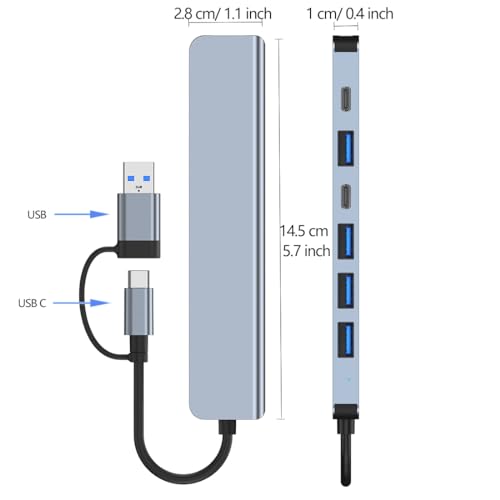 Hub USB C, extensor USB 7 em 1 de alumínio, divisor USB com 1 USB 3.0, 4 portas USB 2.0 e 2 portas U