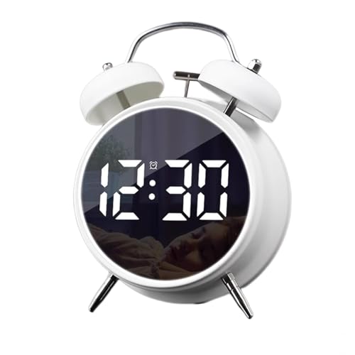 Petit réveil numérique - 11,4 cm - Double cloche électronique LED - À brancher ou à piles - En métal silencieux - Pour les dormeurs lourds, adultes et enfants (blanc)