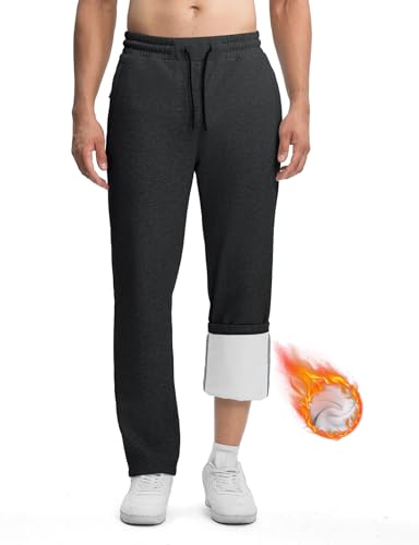 Rdruko Men's Fleece Lined Sweatpants Baggy Straight Leg Sweat Pants Open Bottom Lounge Yoga Pants with Zipper Pockets Deep Grey L