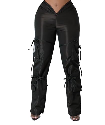 xxxiticat Women's Zipper Front Cargo Pants Mid Rise Drawstring Lace Up Bandage Criss Cross Cutout Low V-Style Trousers2
