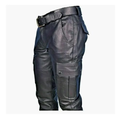 Men’S PU Leather Motorcycle Pants Black Slim Fit Trousers with Cargo Pockets Stylish Biker Pants No Belt3