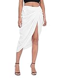 WDIRARA Women's Split Front High Waist Ruched Zip Back Bodycon Midi Skirt Plain White M