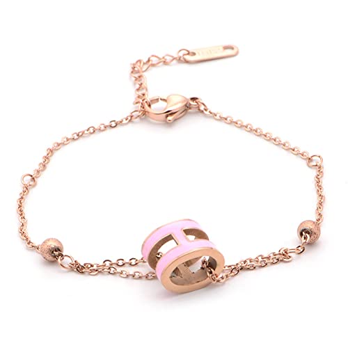Spomunt Classic H Design Rose Gold Plated Girl Bracelet Colorful Color Enamel Optional Women's Gift (Pink, Stainless Steel) #TOP4