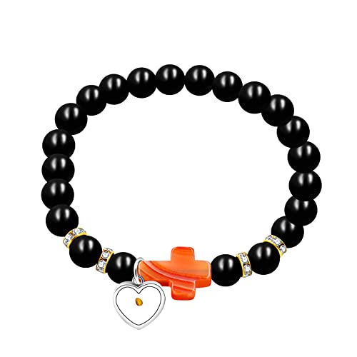 Image of Uloveido Black Agate Side Cross Bracelet Mustard Seed Charms, Personalized Letter A-Z Tiger's Eye Bangle Y944