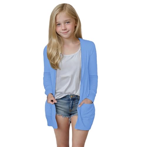 Girls Open Front Cardigan Sweaters Kids Fall Outerwear with Pockets Solid Cute Casual Loose Elegant Overcoats