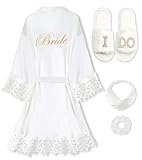 EPLAZA 4 Pcs Bride Robe for Wedding Day Set Bridal Robe with Slippers Lace Trim Wedding Robe for Bridal Bachelorette Party (White-BR, Small-Medium)