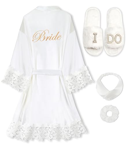 EPLAZA 4 Pcs Bride Robe for Wedding Day Set Bridal Robe with Slippers Lace Trim Wedding Robe for Bridal Bachelorette Party