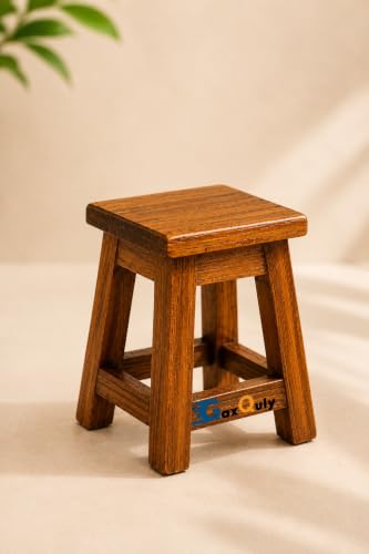 Image of Teakwood Mini Wooden Stool Plant Stand, Small 9.5cm Decorative Pedestal Risers, Handcrafted Teak Wood Candle & Accessory Display Holder for Tabletop Home Decor (Brown, 1pc)