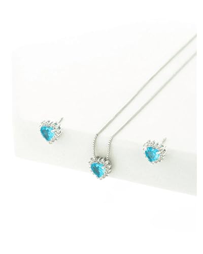 Conjunto de Colar e Brincos de Coração Azul Rodeado de Zircônias folheado em ródio branco
