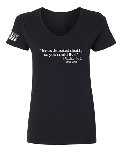 Shark & Hammer Jesus Defeated Death So You Can Live American Pride USA Flag Women’s Standard V-Neck Tee, Black, Medium