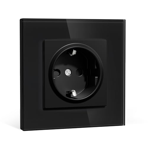 BSEEDLIFE Schuko Steckdose Unterputz EU Standard 86 * 86mm Wandsteckdose 16A mit Glasrahmen Einfach Installation Klappkrallen Typ F Steckdose mit Erdung1-Fach Schwarz