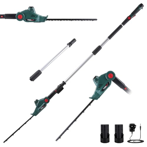 Image of POSENPRO 12V Cordless Pole Hedge Trimmer w/2x2.0Ah Battery, 2.67m Reach, 450mm Blade, 14mm Cutting Capacity, 135° Pivoting Head, with Extension Pole for Shrubs Pruning