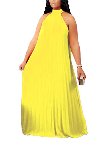 Image of Aro Lora Womens Casual Sleeveless Plus Size Chiffon Halter Neck Pleated Loose Long Maxi Dress