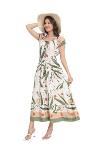 Image of Women's Boho Floral Maxi Dress, Short Sleeve Smocked Tiered Summer Casual Beach Dress