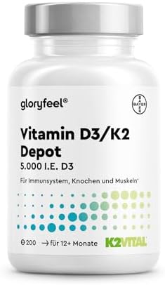 Vitamin D3 K2 5000 IE & 200µg K2 (2+ Jahre) – Premium: K2VITAL® | 99,7+% All-Trans - Vitamin K2 MK7 Hochdosiert – 1 Tablette/5 Tage – Laborgeprüft, ohne Zusätze in Deutschland entw