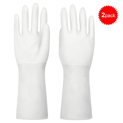 NATUCE 2 Pairs Washing Up Gloves, Household Cleaning Gloves, Waterproof Rubber Gloves, Reusable Kitchen Dishcleaning Gloves, Medium Size (White, M)