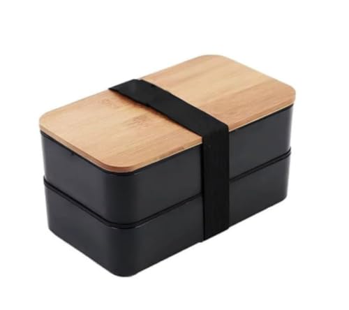 Smedicオフィスワーカー向けの和風二重層ランチボックス、男女兼用、大容量、バルブ付き、気密シール、食器洗い機対応、電子レンジ対応、スタイリッシュ、シンプル、木製の蓋、プラスチック製のコンパートメント、学生、寿司、アウトドアに最適、カトラリー付き (黒の