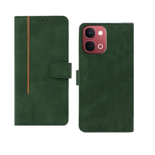 Image of amazon basics Vivo Y51 Pro 5G Flip Cover | Card Pockets Wallet & Stand | Flip Cover for Vivo Y51 Pro 5G (Green with Beige Strip)