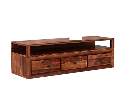 Image of Solid Sheesham Wood TV Unit with 3 Drawers and 1 Shelf - Storage Solution for up to 55-inch TV in Your Living Room (Oriel, Honey Finish)