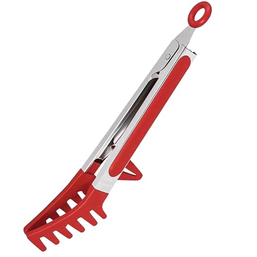 Professional Stainless Steel Pasta Tongs with Non-Slip Silicone Teeth - Heat Resistant 600°F, Dishwasher Safe Spaghetti Server Utensil for Cooking, Baking, Salad...(red)