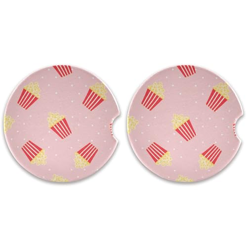 Flradish 2 Pack Popcorn Car Cup Holder Coasters, 2.5 Inch Universal Non-Slip Ceramic Absorbent Coaster with Finger Notch for Vehicle Interior Decor Accessories