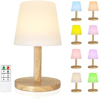 FUYO Portable Table Lamp, Dimmable RGB Table Lamp with Wood Base, Rechargeable Battery Operated Cordless Lamp Bedside Nightstand Lamp for Living Room/Bedroom/Home/Office (Wood Grain)