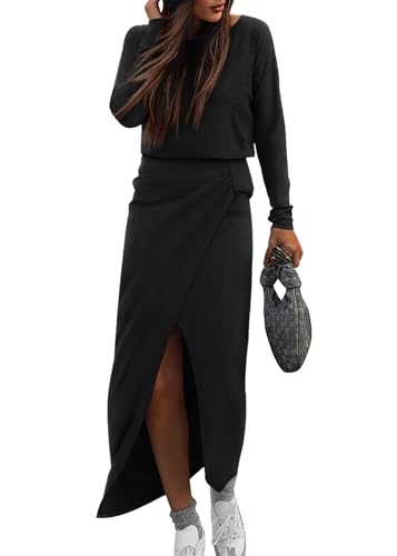 KIRUNDO Fall Dresses for Women 2025 Long Sleeve Boat Neck Wrap Ruched Elastic Waist Casual Knit Maxi Dress with Slit