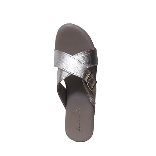 Image of DEEANNE LONDON Women's Silver Pure Leather Metallic Cross Strap Wedge Sandals with Buckle