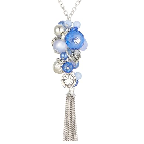 PEARL&CLUB Silver Long Tassel Necklaces for Women Boho Chain Necklace with Tassel Beaded Pendant Silver Fashion Jewelry Gifts for Women(Sapphire)