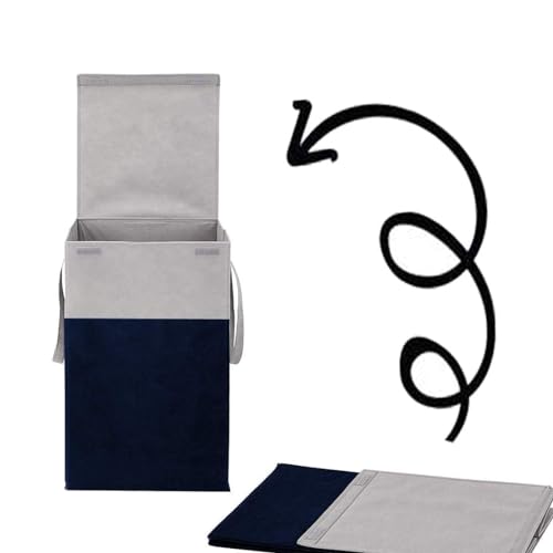 Image of Non Woven Printed Rectangular Foldable Laundry Bag | Lid And Handle Clothes Storage Organiser For Bedroom Dorm Closet Utility Container | 75L Laundry Basket | Grey Navy Blue