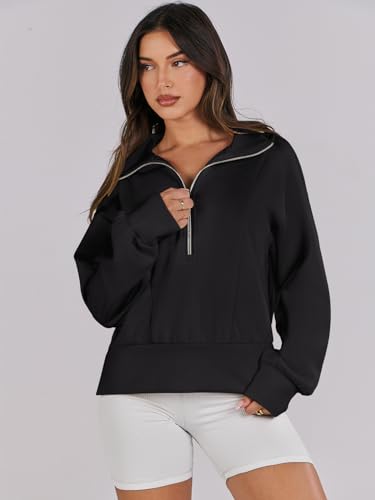 Anrabess Women Half Zip Sweatshirts Workout Athletic Quarter Zipper Pullover Cropped Hoodies 2024 Fall Outfits Teen Girls Black Large thumb #2