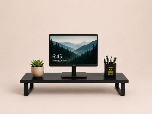 Image of Wooden Monitor Stand with Storage Organizer For Desk, Tables, Office, Home, Studio, Study Table | Desktop Ergonomic Monitor Stand Riser (Black, Large (with metal legs))