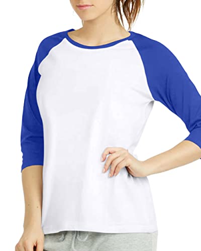 Women 3/4 Sleeve Baseball Tee - Raglan Shirts Jersey Tops Quarter Sleeve Shirt Tees (Lbt001 L, Wht/Roy) #TOP1